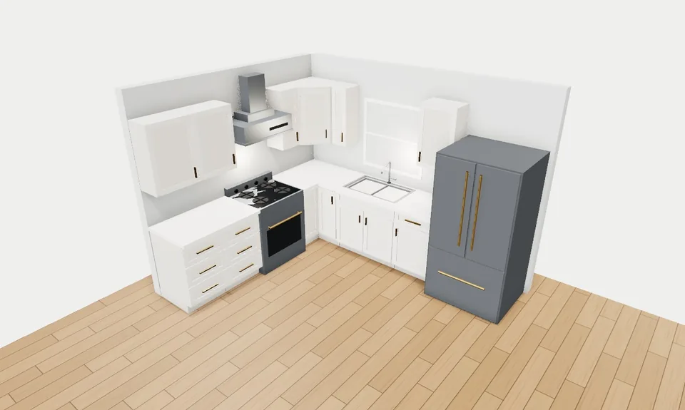 L-shaped kitchen with Shaker White cabinets in the free WoodArt 3D kitchen designer